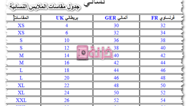 جدول مقاسات الملابس النسائية